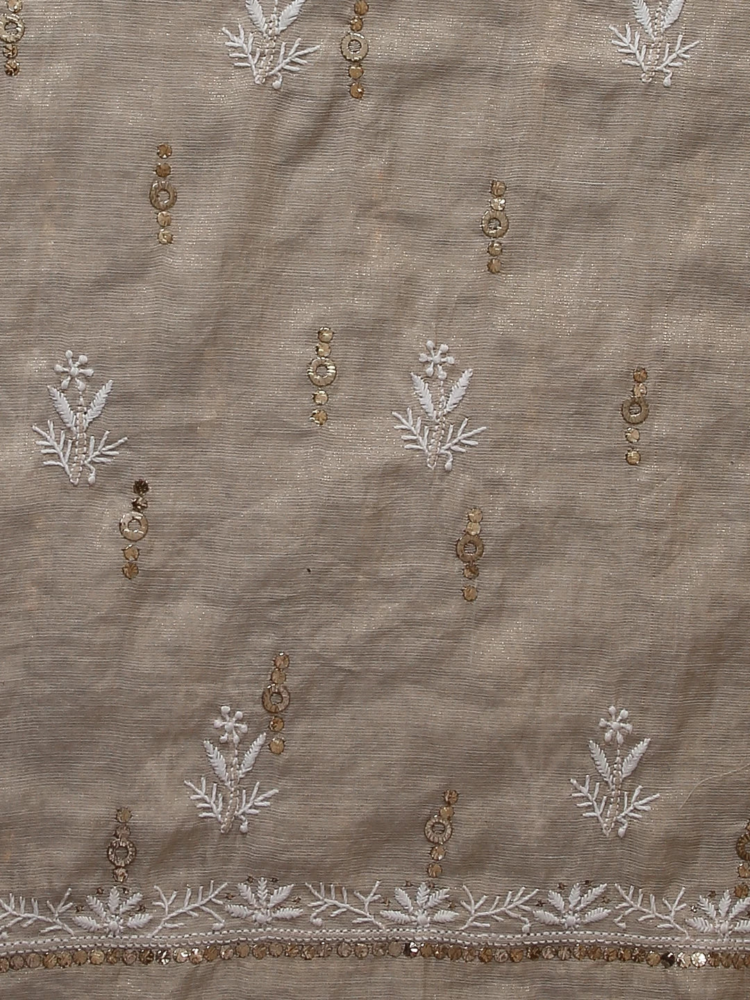 Ada Hand Embroidered Natural Fawn Tissue Lucknowi Chikankari Unstitched Kurta Dupatta Set With  Muqaish Work 01A256551