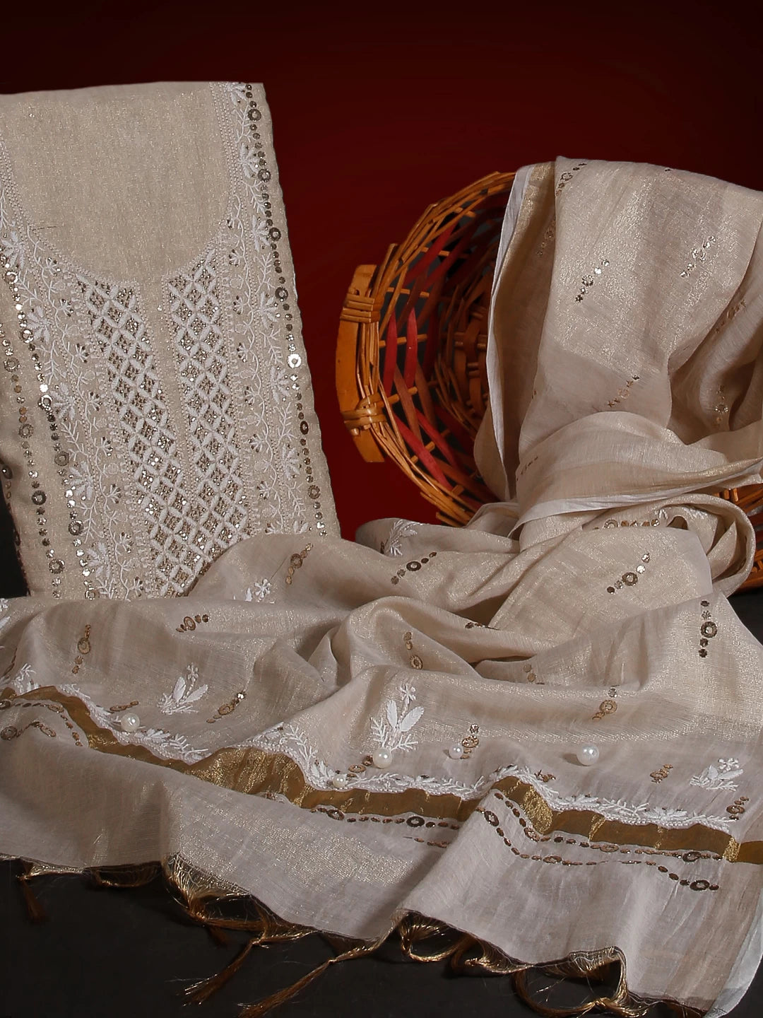 Ada Hand Embroidered Natural Fawn Tissue Lucknowi Chikankari Unstitched Kurta Dupatta Set With  Muqaish Work 01A256551