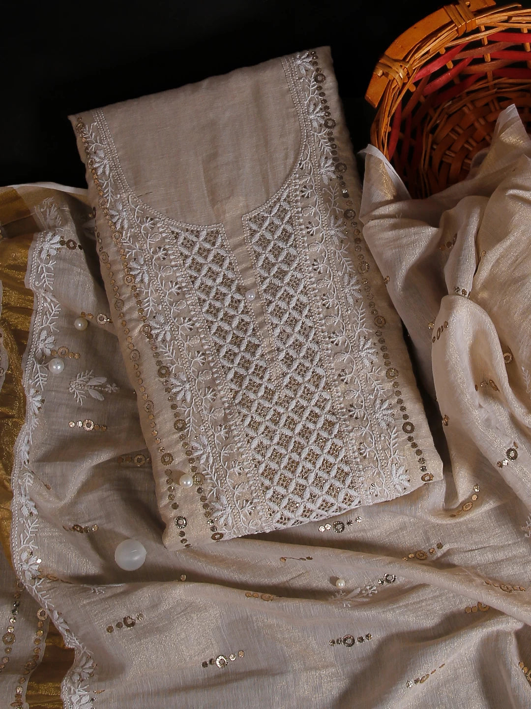 Ada Hand Embroidered Natural Fawn Tissue Lucknowi Chikankari Unstitched Kurta Dupatta Set With  Muqaish Work 01A256551