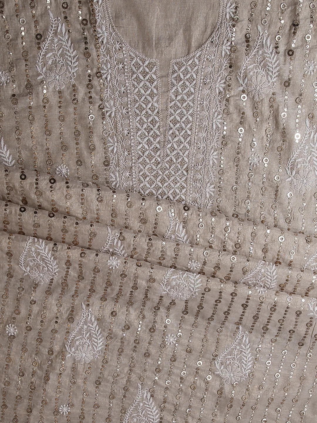 Ada Hand Embroidered Natural Fawn Tissue Lucknowi Chikankari Unstitched Kurta Dupatta Set With  Muqaish Work 01A256551