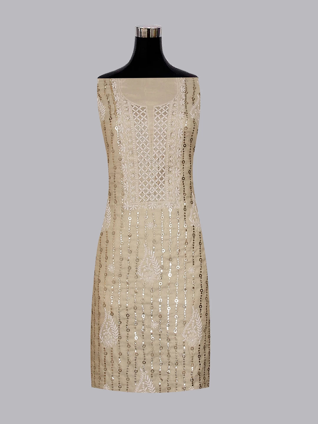 Ada Hand Embroidered Natural Fawn Tissue Lucknowi Chikankari Unstitched Kurta Dupatta Set With  Muqaish Work 01A256551