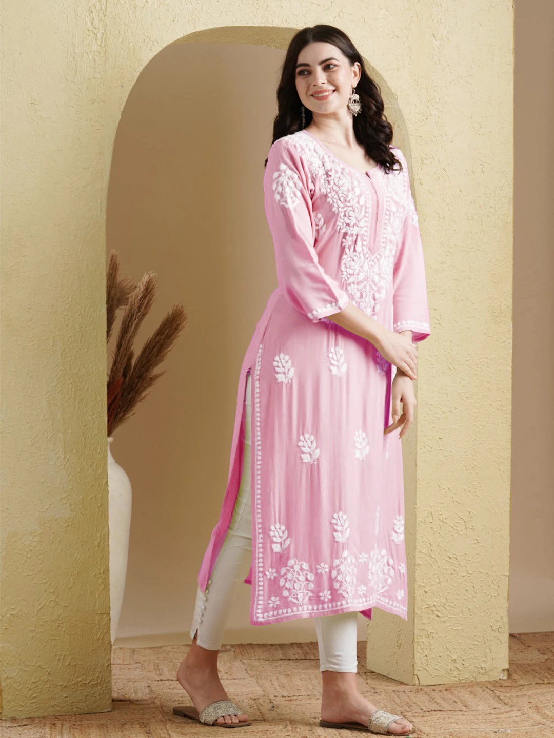 Ada Hand Embroidered Pink Rayon Lucknowi Chikankari Straight Kurta A411517