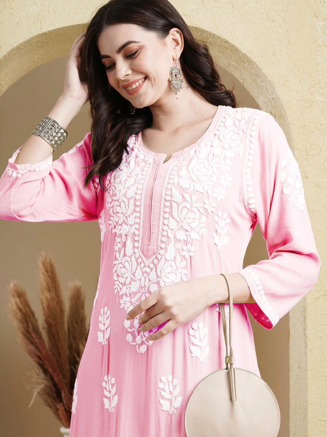 Ada Hand Embroidered Pink Rayon Lucknowi Chikankari Straight Kurta A411517
