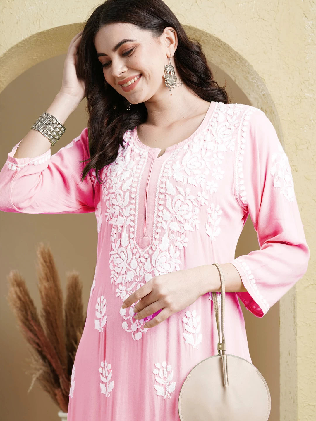 Ada Hand Embroidered Pink Rayon Lucknowi Chikankari Straight Kurta A411517