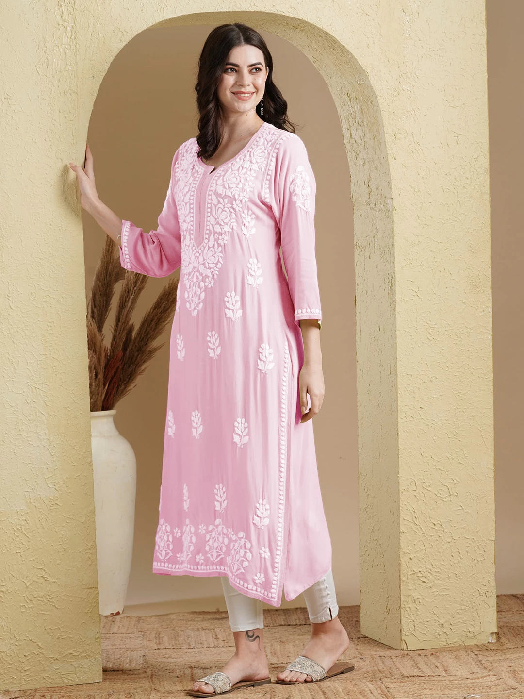 Ada Hand Embroidered Pink Rayon Lucknowi Chikankari Straight Kurta A411517