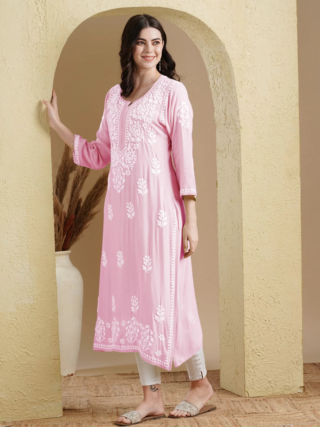 Ada Hand Embroidered Pink Rayon Lucknowi Chikankari Straight Kurta A411517