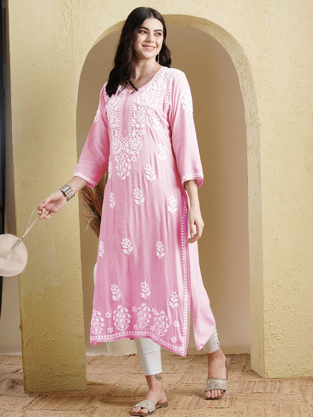 Ada Hand Embroidered Pink Rayon Lucknowi Chikankari Straight Kurta A411517