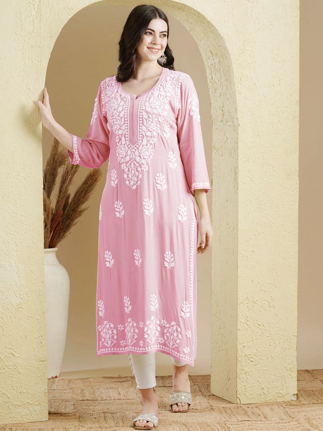 Ada Hand Embroidered Pink Rayon Lucknowi Chikankari Straight Kurta A411517