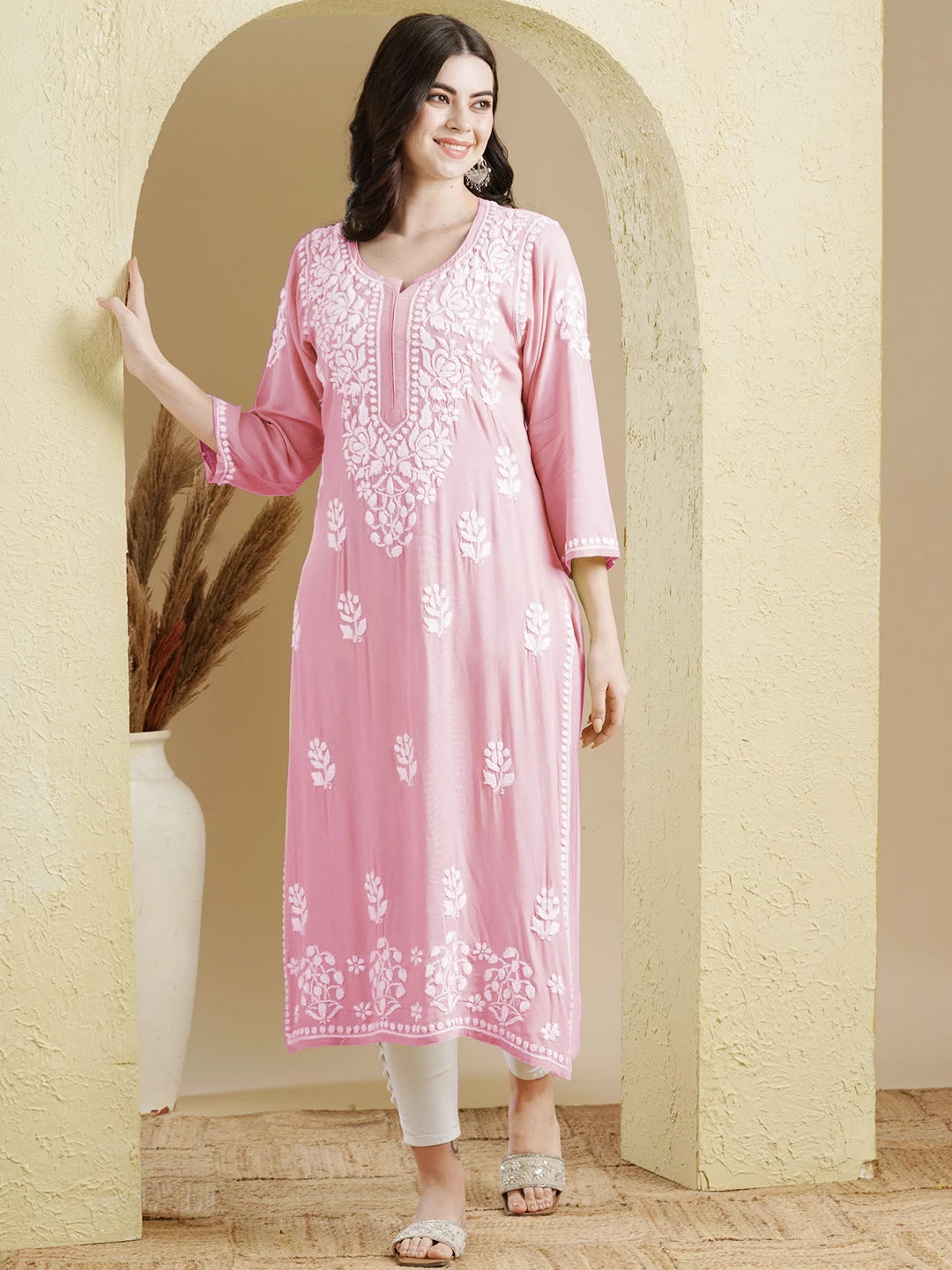 Ada Hand Embroidered Pink Rayon Lucknowi Chikankari Straight Kurta A411517