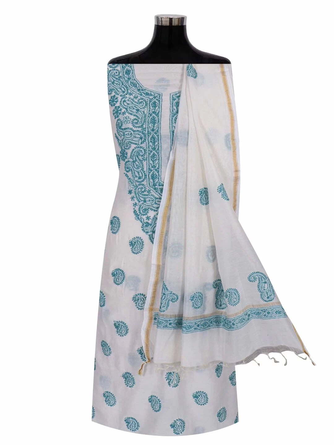 Ada Hand Embroidered Cream Chanderi Lucknowi Chikankari Unstitched Kurta Dupatta Set 01A38245