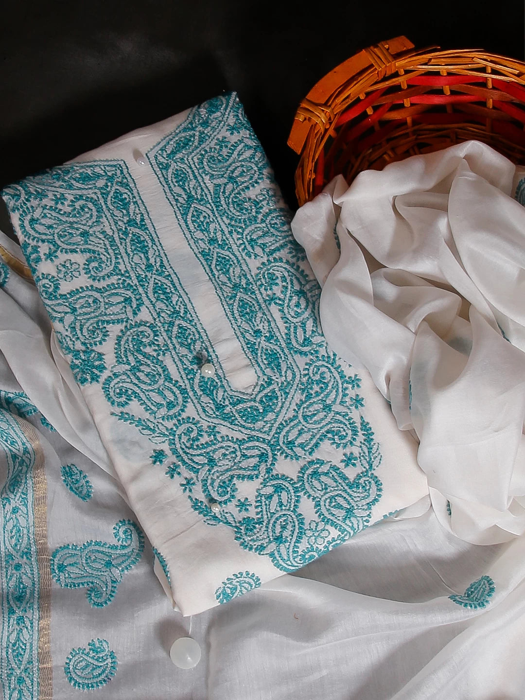 Ada Hand Embroidered Cream Chanderi Lucknowi Chikankari Unstitched Kurta Dupatta Set 01A38245