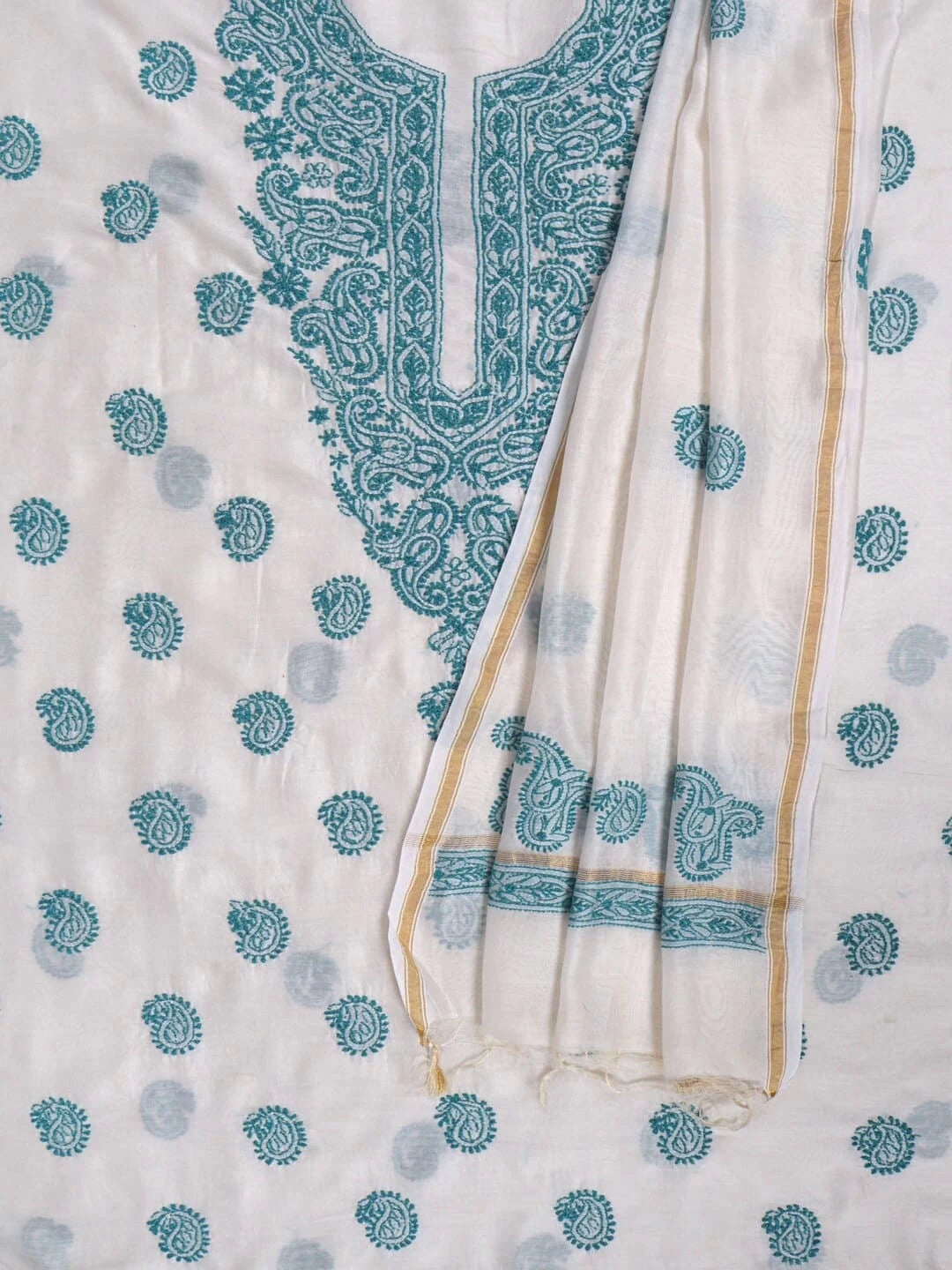 Ada Hand Embroidered Cream Chanderi Lucknowi Chikankari Unstitched Kurta Dupatta Set 01A38245