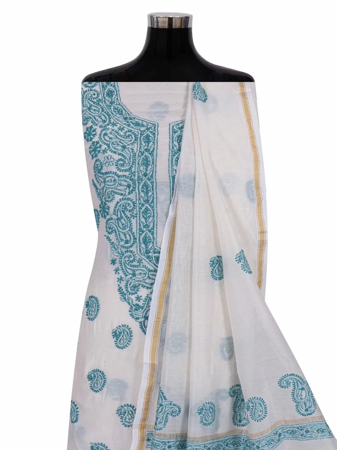 Ada Hand Embroidered Cream Chanderi Lucknowi Chikankari Unstitched Kurta Dupatta Set 01A38245