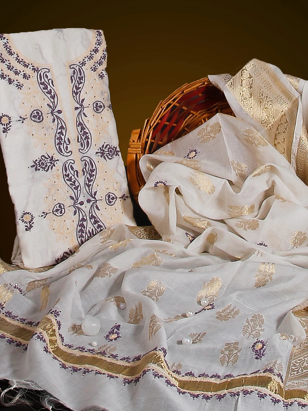 Ada Hand Embroidered White Chanderi Lucknowi Chikankari Unstitched Kurta Dupatta Set Muqaish Work 01A167530