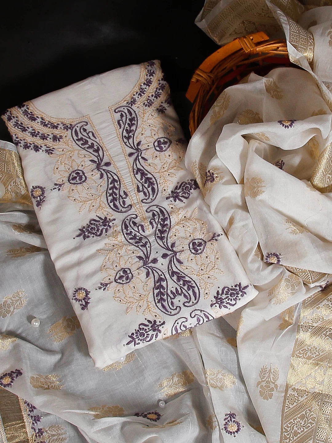 Ada Hand Embroidered White Chanderi Lucknowi Chikankari Unstitched Kurta Dupatta Set Muqaish Work 01A167530