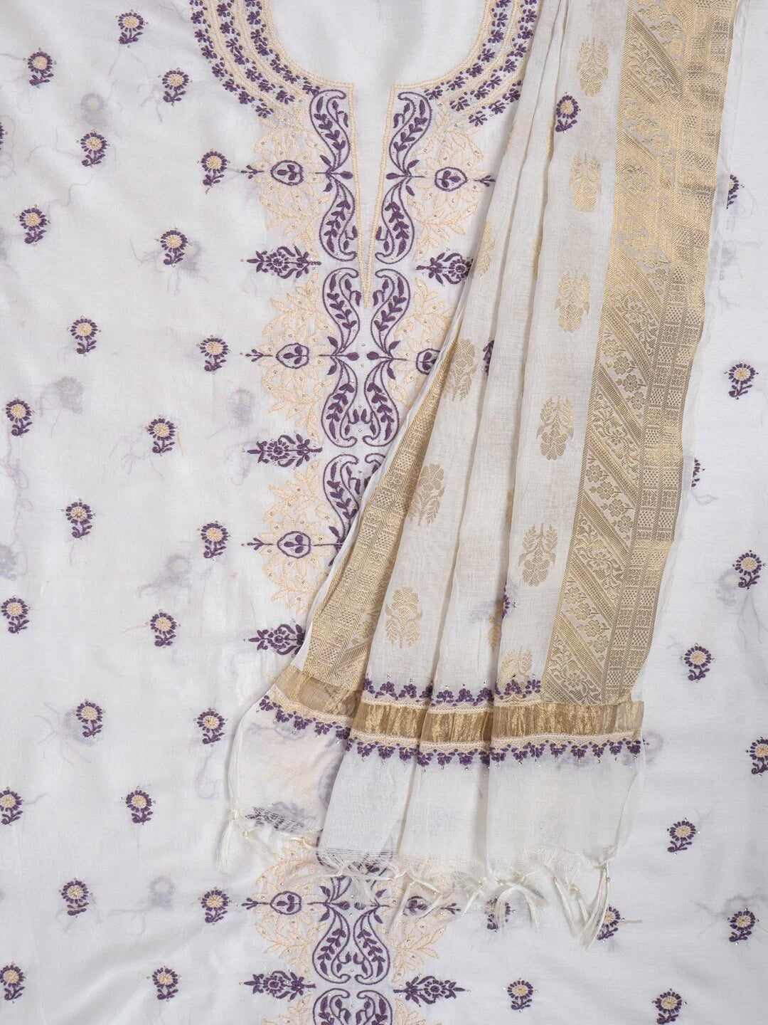 Ada Hand Embroidered White Chanderi Lucknowi Chikankari Unstitched Kurta Dupatta Set Muqaish Work 01A167530