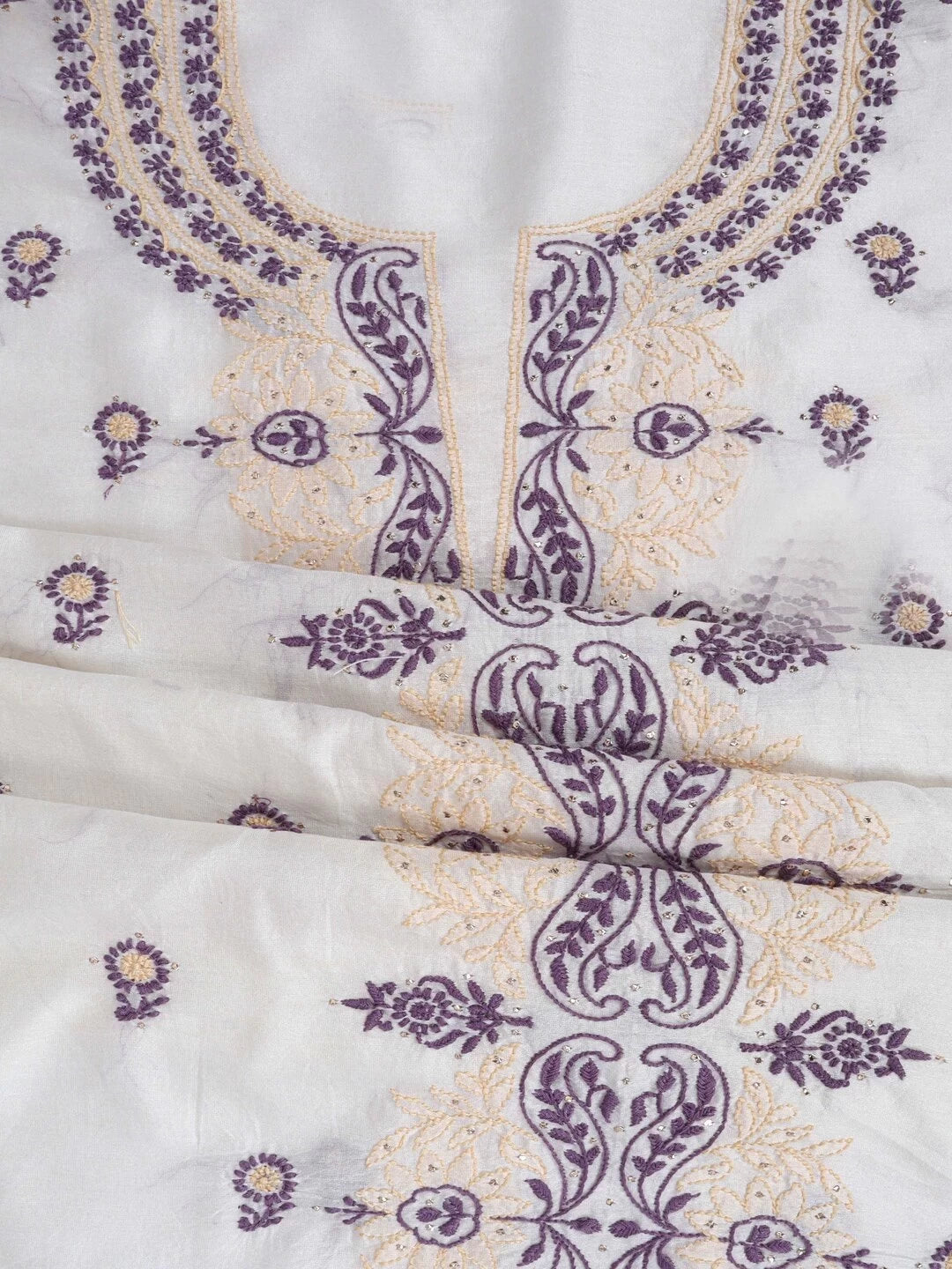 Ada Hand Embroidered White Chanderi Lucknowi Chikankari Unstitched Kurta Dupatta Set Muqaish Work 01A167530