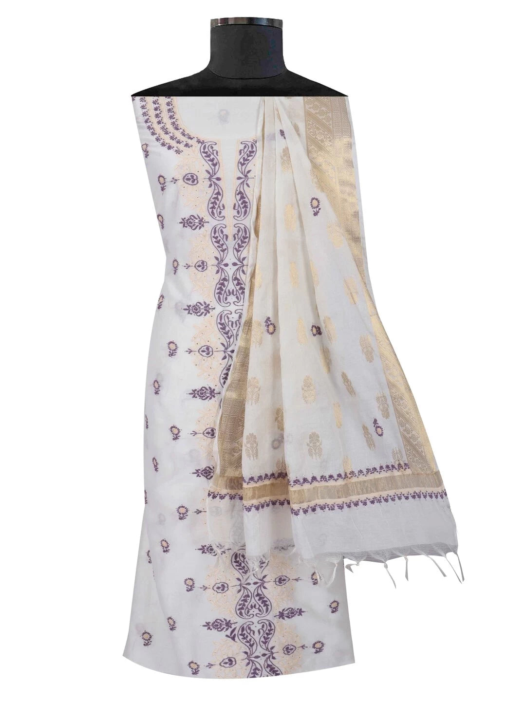 Ada Hand Embroidered White Chanderi Lucknowi Chikankari Unstitched Kurta Dupatta Set Muqaish Work 01A167530
