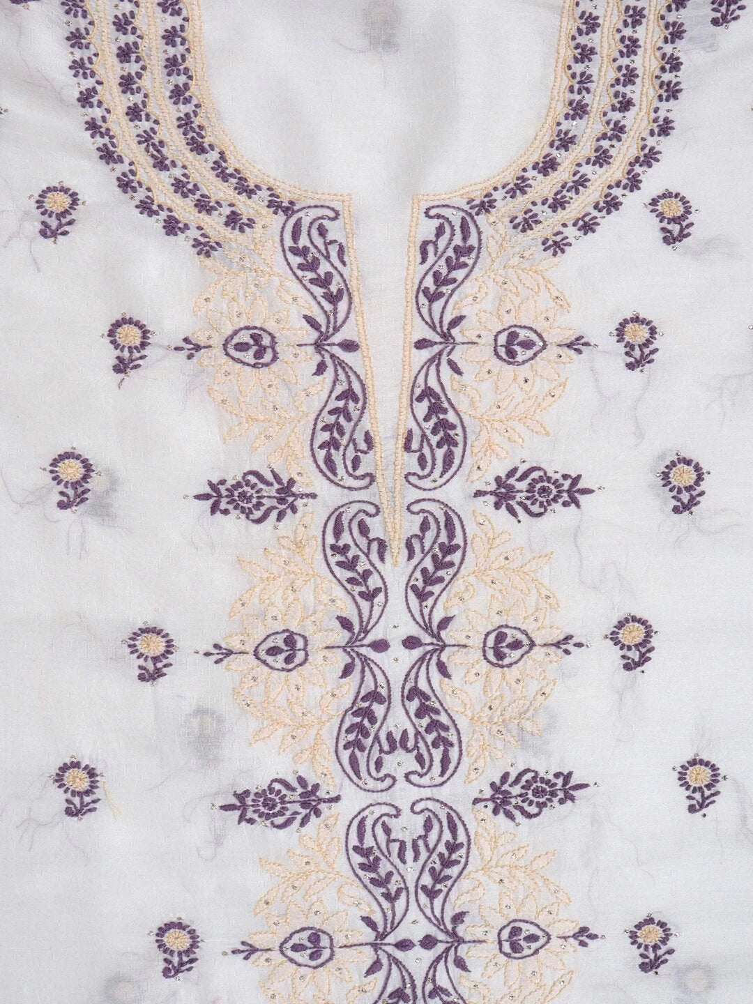 Ada Hand Embroidered White Chanderi Lucknowi Chikankari Unstitched Kurta Dupatta Set Muqaish Work 01A167530
