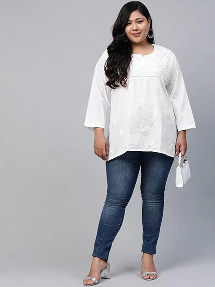 Ada Hand Embroidered White Cotton Lucknowi Chikankari Straight Kurti A100237