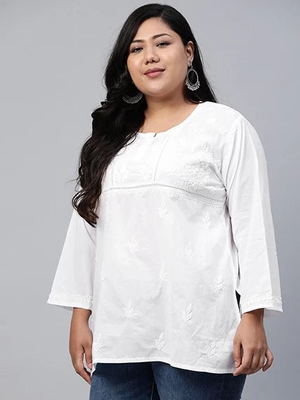 Ada Hand Embroidered White Cotton Lucknowi Chikankari Straight Kurti A100237