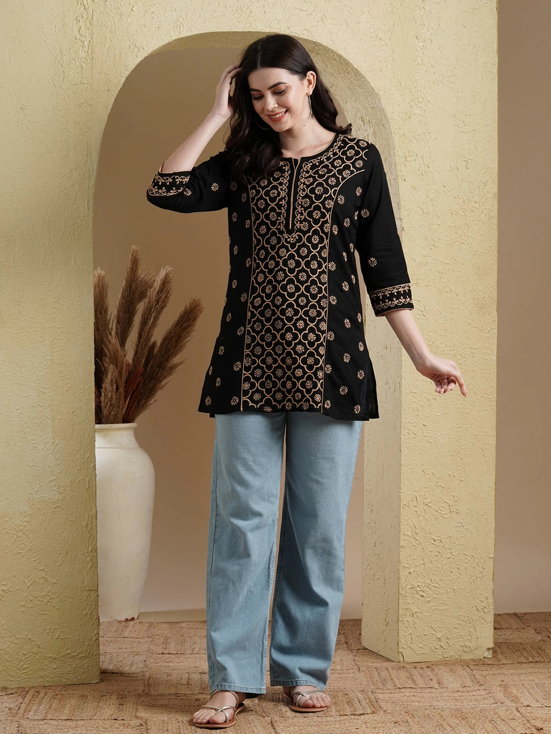 Ada Hand Embroidered Black Cotton Lucknowi Chikankari Straight Kurti A911381