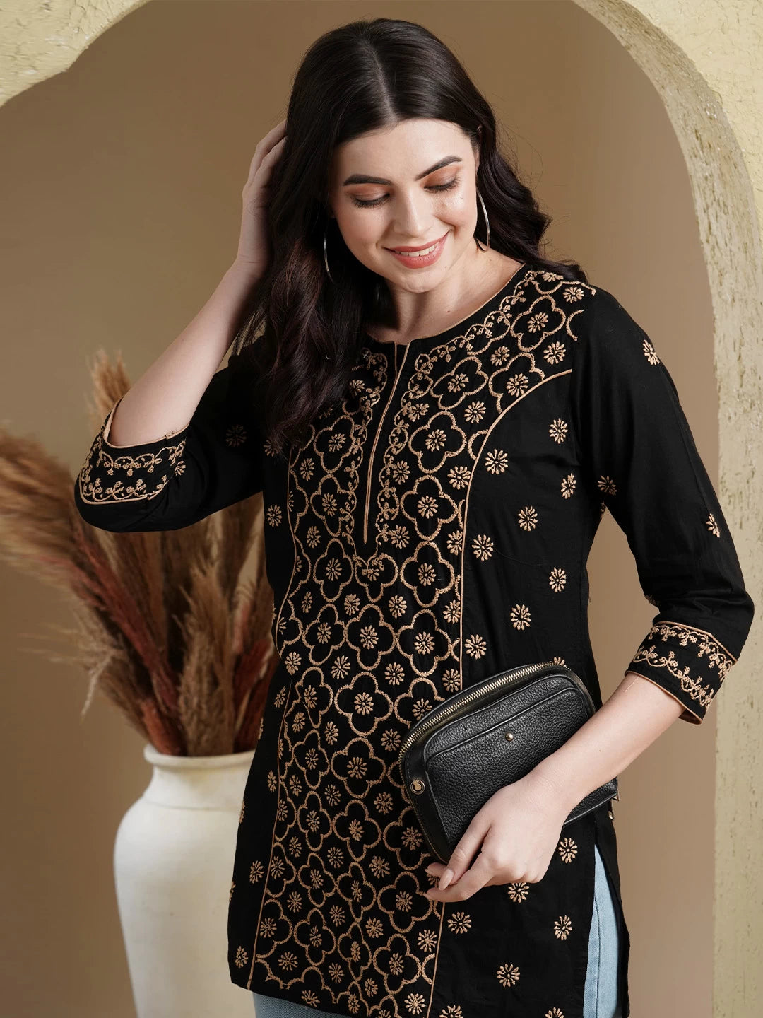Ada Hand Embroidered Black Cotton Lucknowi Chikankari Straight Kurti A911381