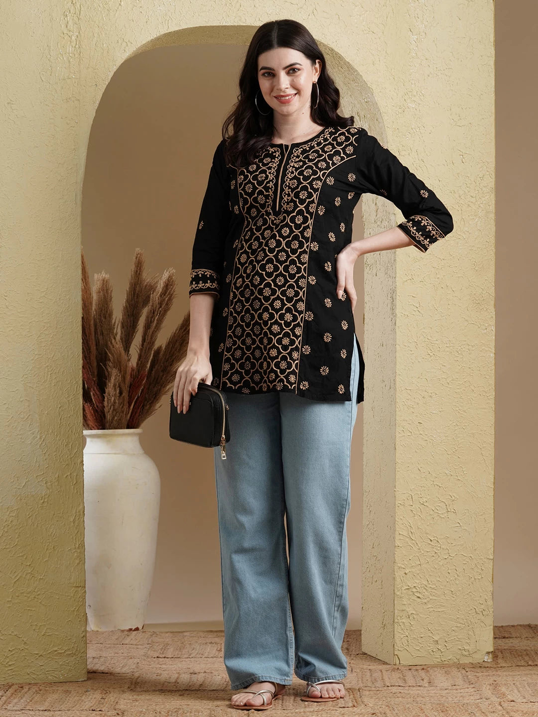Ada Hand Embroidered Black Cotton Lucknowi Chikankari Straight Kurti A911381