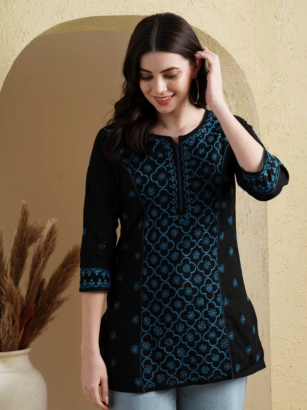 Ada Hand Embroidered Black Cotton Lucknowi Chikankari Straight Kurti A911382