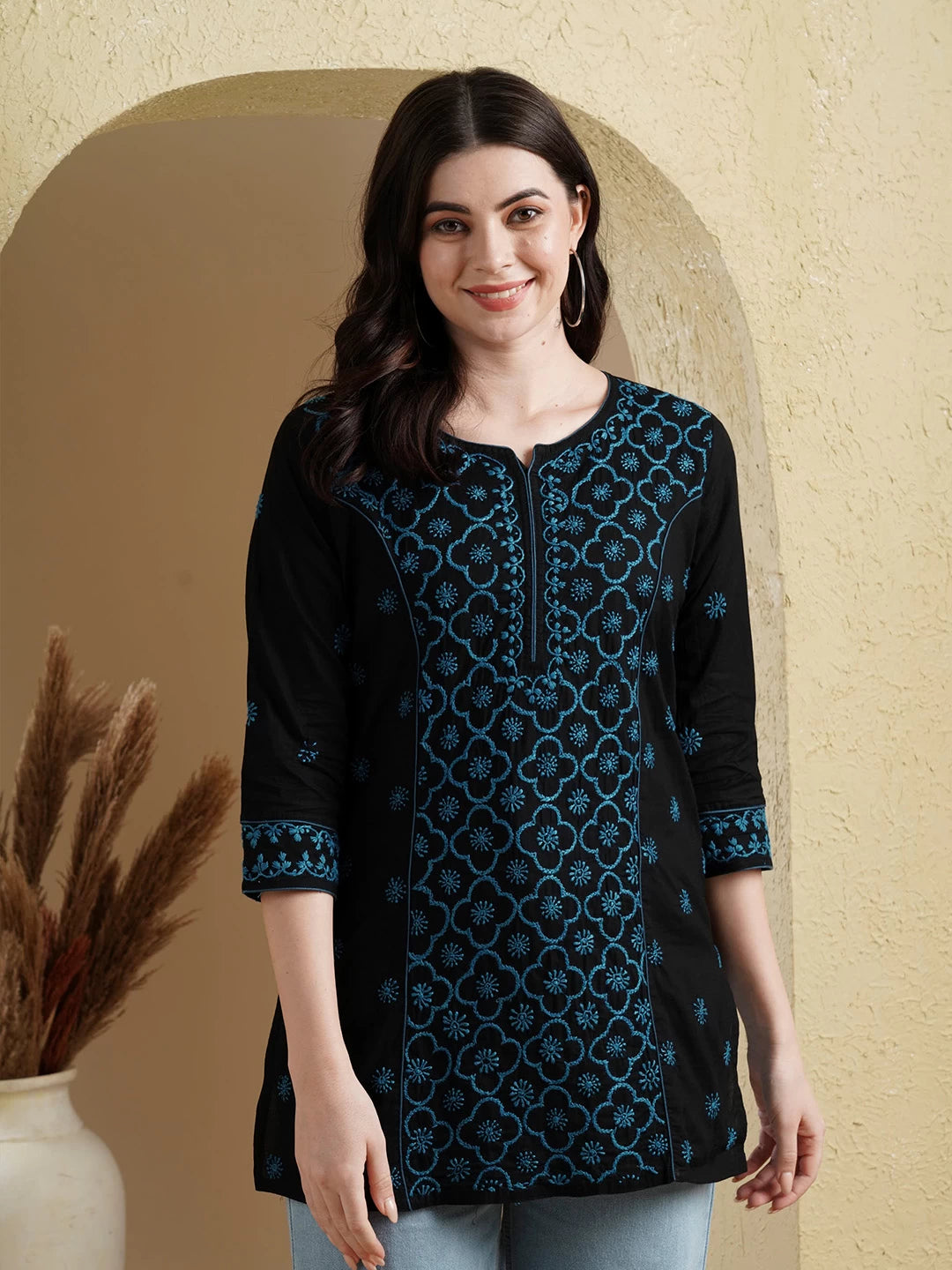 Ada Hand Embroidered Black Cotton Lucknowi Chikankari Straight Kurti A911382