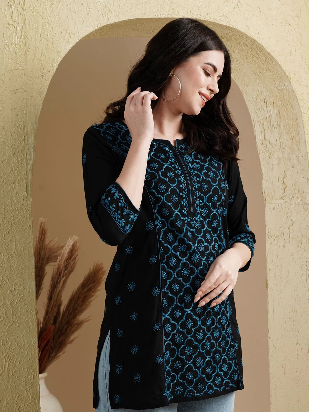 Ada Hand Embroidered Black Cotton Lucknowi Chikankari Straight Kurti A911382