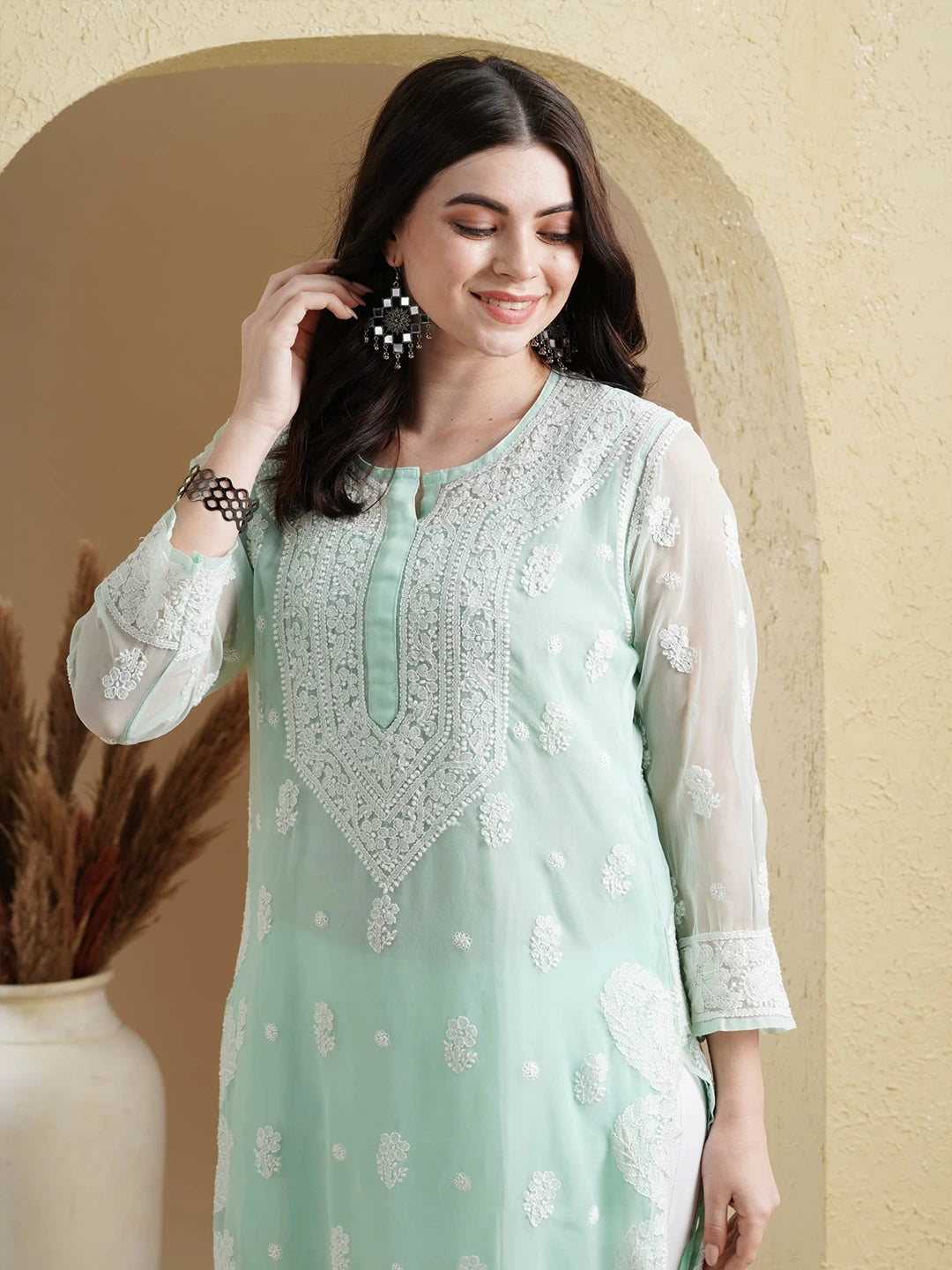 Ada Hand Embroidered Sea Green Georgette Lucknowi Chikankari Straight Kurta with Slip A411198