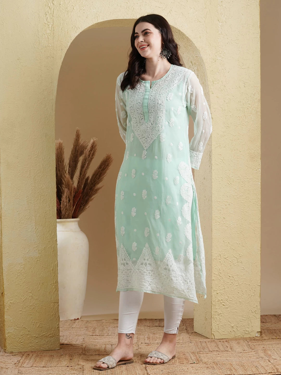 Ada Hand Embroidered Sea Green Georgette Lucknowi Chikankari Straight Kurta with Slip A411198