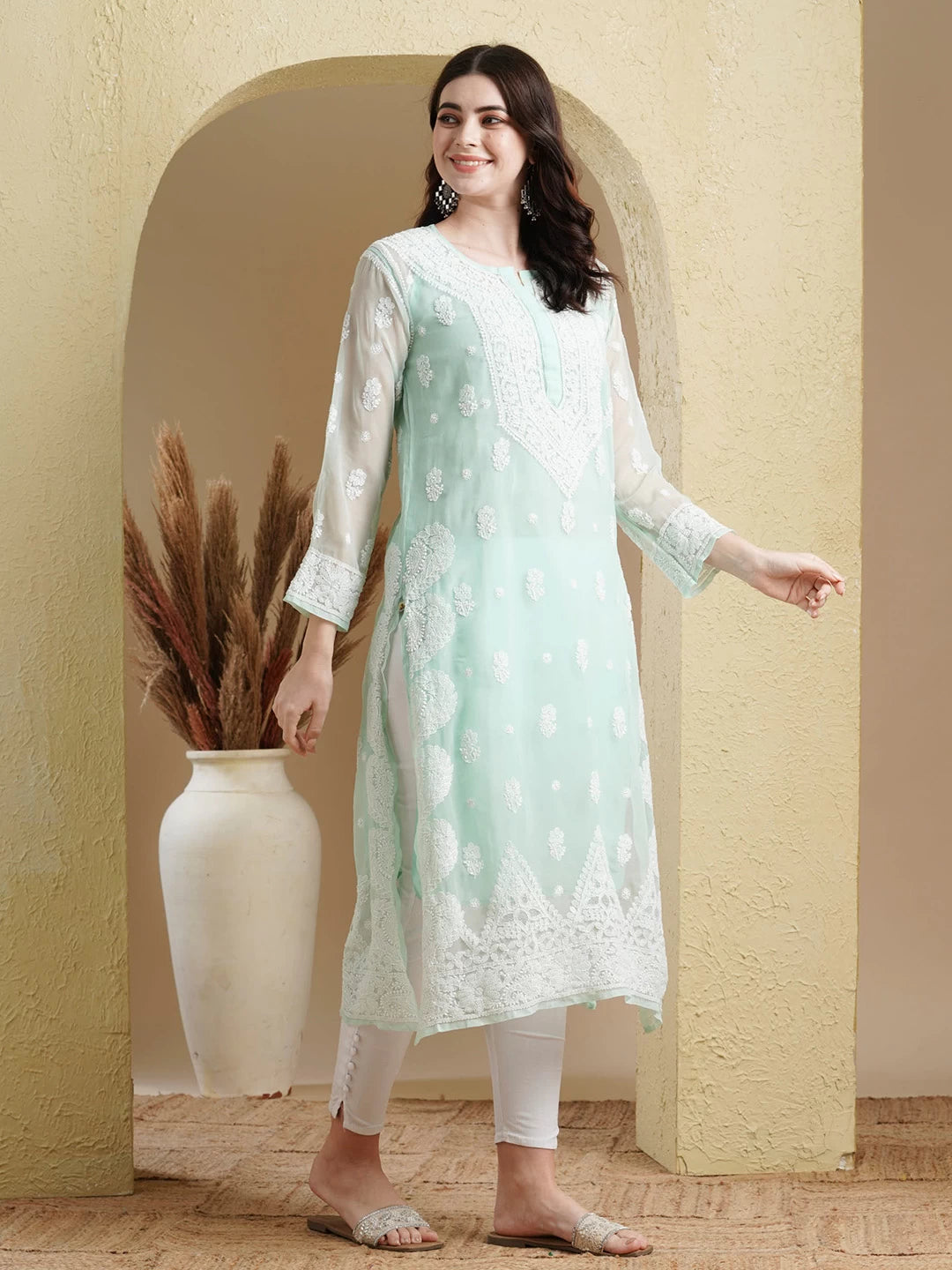 Ada Hand Embroidered Sea Green Georgette Lucknowi Chikankari Straight Kurta with Slip A411198