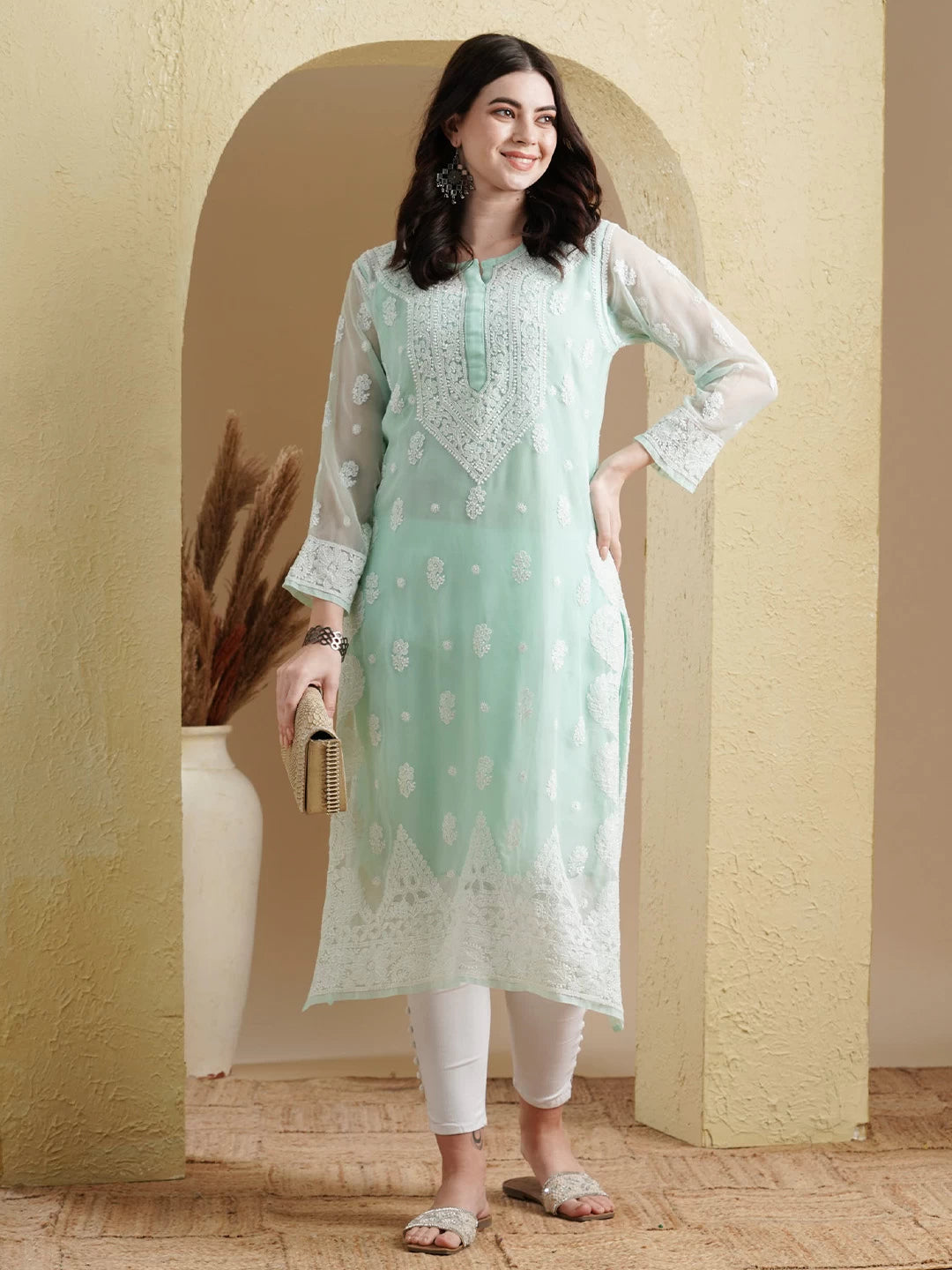 Ada Hand Embroidered Sea Green Georgette Lucknowi Chikankari Straight Kurta with Slip A411198