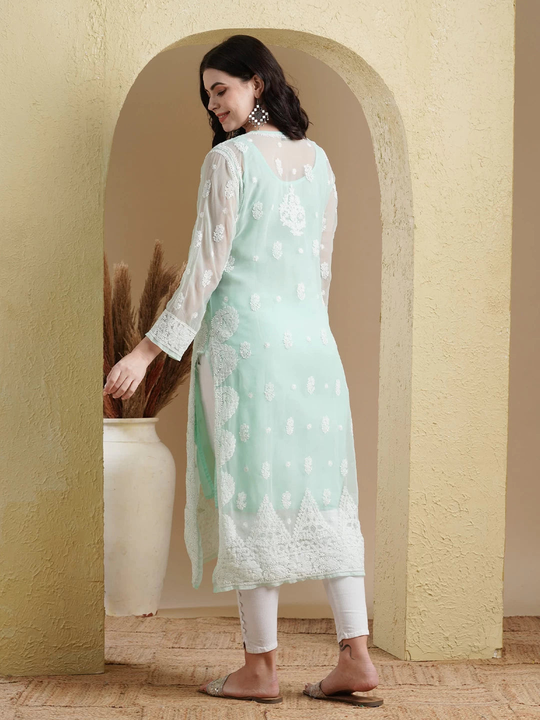 Ada Hand Embroidered Sea Green Georgette Lucknowi Chikankari Straight Kurta with Slip A411198