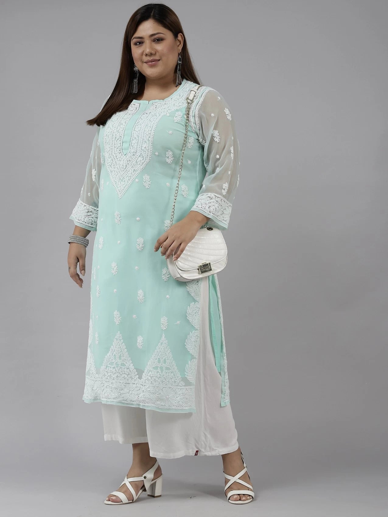 Ada Hand Embroidered Sea Green Georgette Lucknowi Chikankari Straight Kurta with Slip A411198