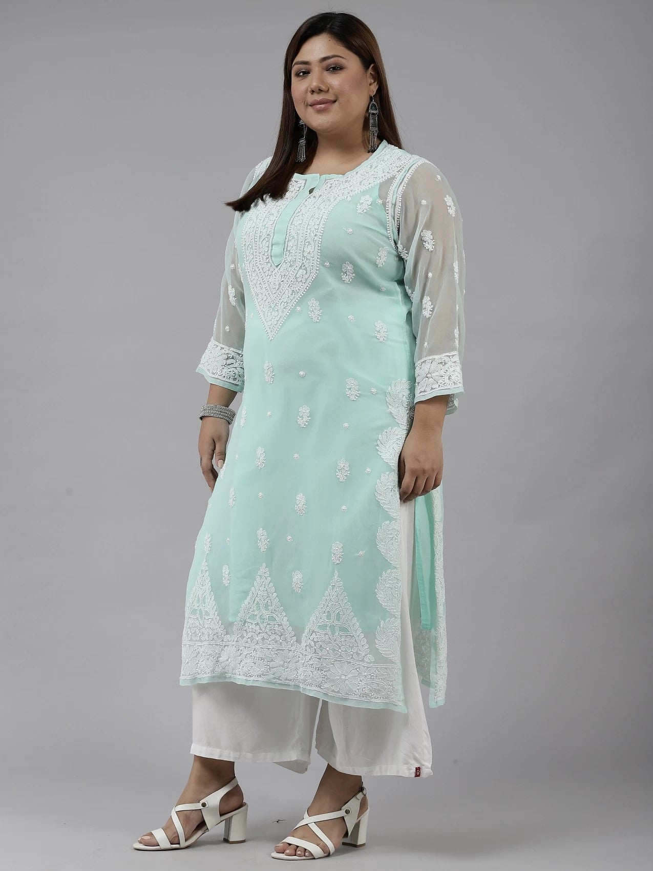 Ada Hand Embroidered Sea Green Georgette Lucknowi Chikankari Straight Kurta with Slip A411198