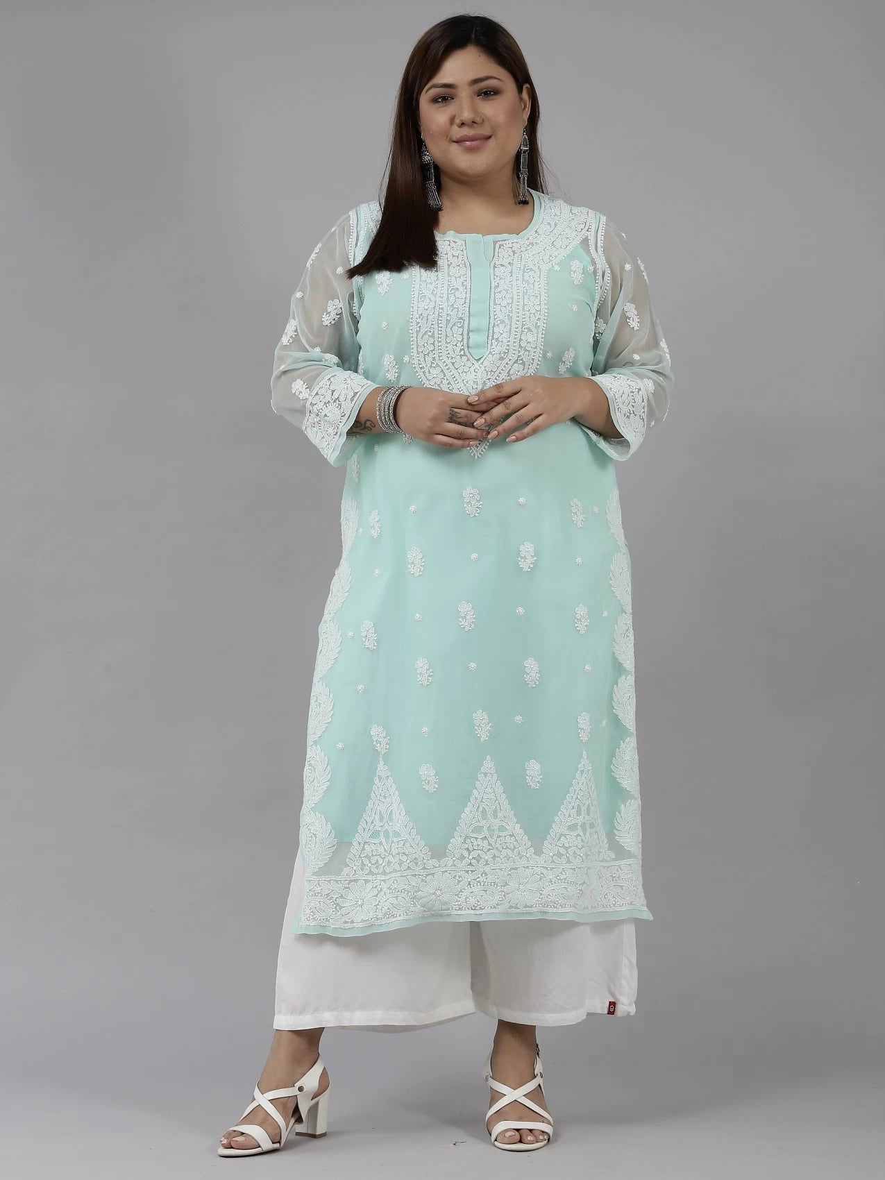 Ada Hand Embroidered Sea Green Georgette Lucknowi Chikankari Straight Kurta with Slip A411198