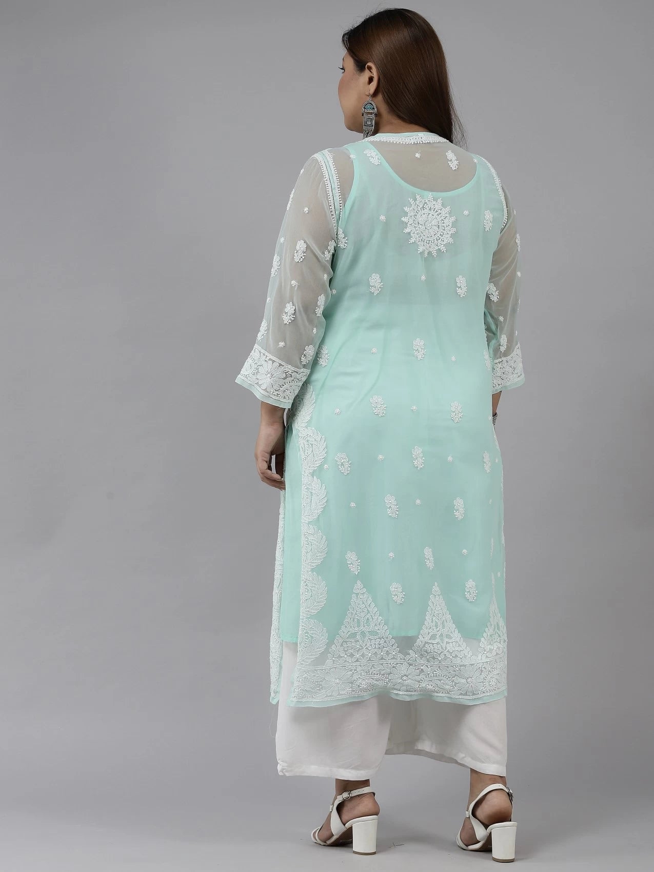 Ada Hand Embroidered Sea Green Georgette Lucknowi Chikankari Straight Kurta with Slip A411198