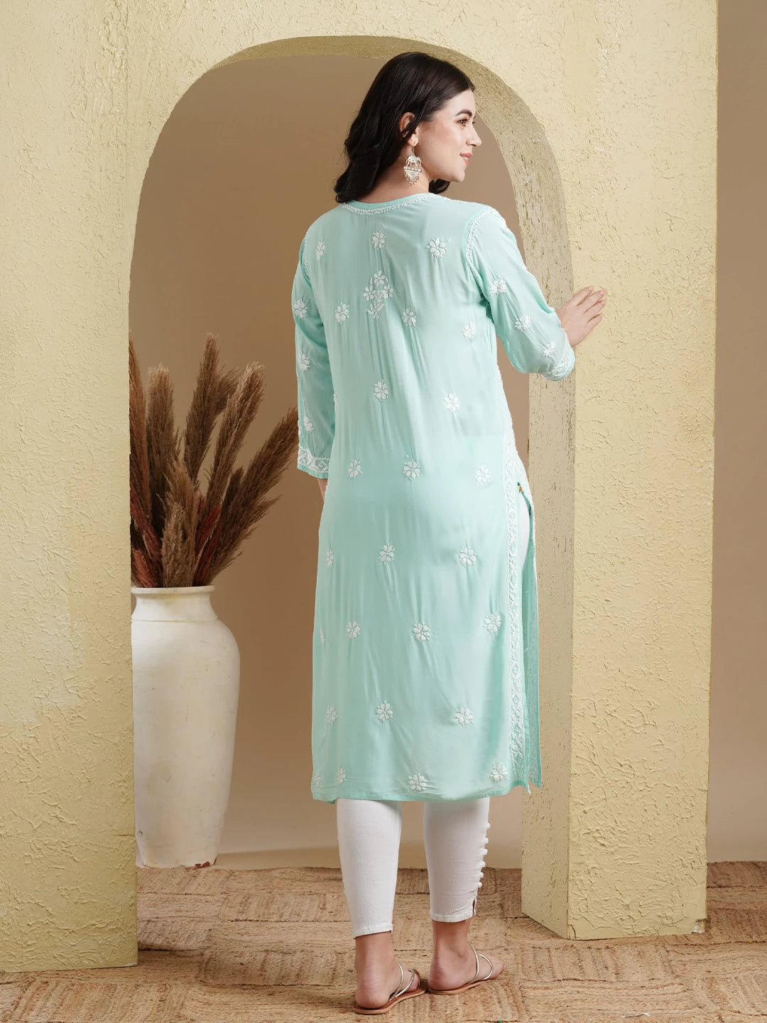Ada Hand Embroidered Sea Green Modal Lucknowi Chikankari Straight Kurta A411551
