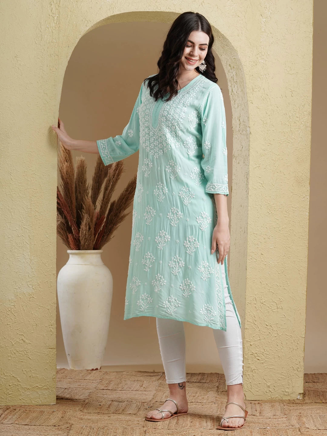 Ada Hand Embroidered Sea Green Modal Lucknowi Chikankari Straight Kurta A411551