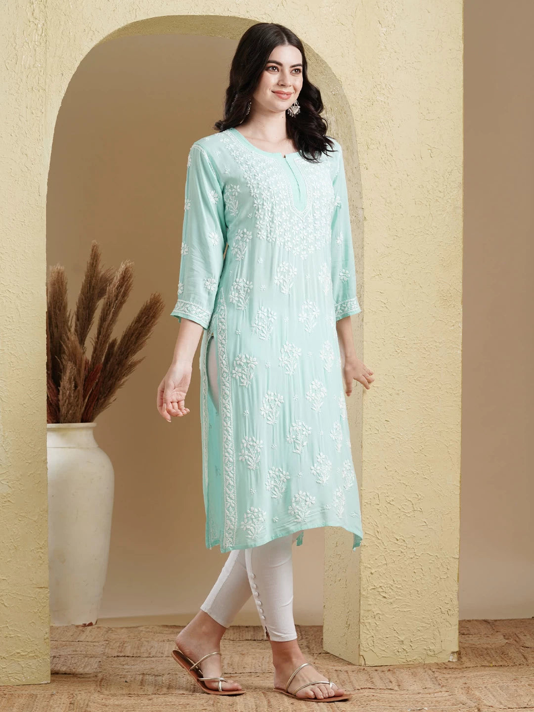 Ada Hand Embroidered Sea Green Modal Lucknowi Chikankari Straight Kurta A411551