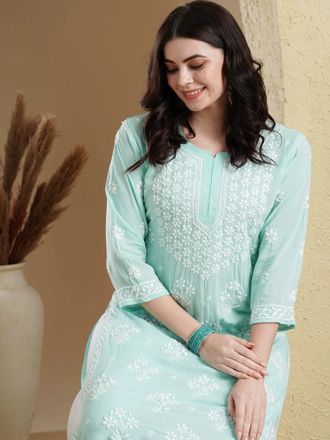 Ada Hand Embroidered Sea Green Modal Lucknowi Chikankari Straight Kurta A411551