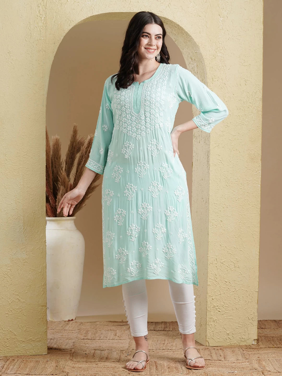 Ada Hand Embroidered Sea Green Modal Lucknowi Chikankari Straight Kurta A411551