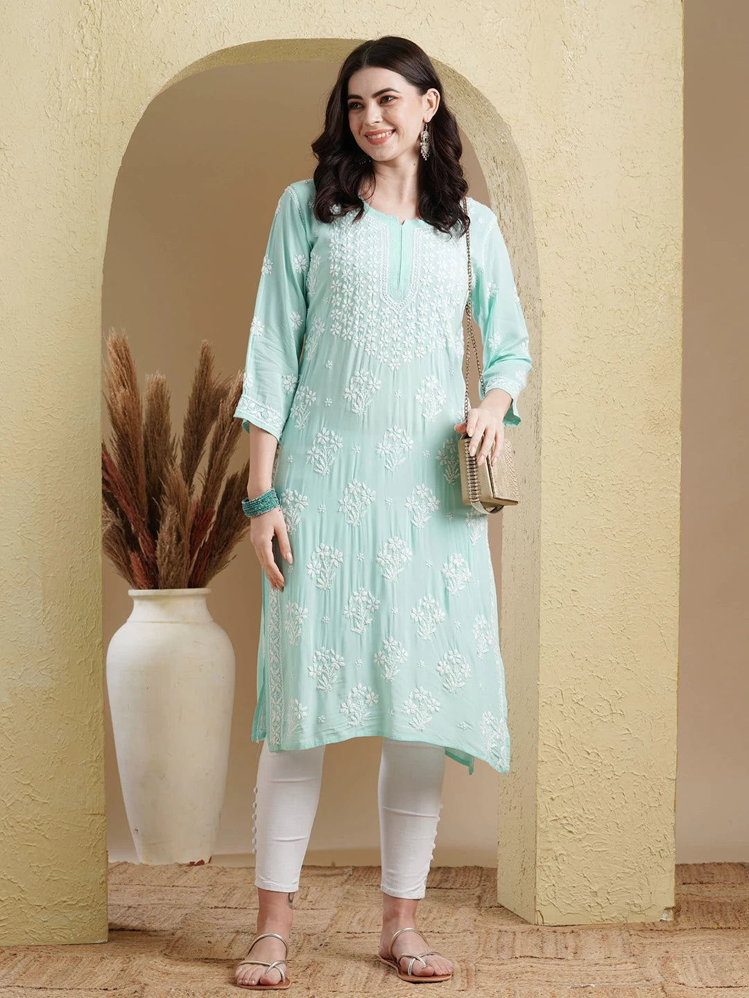 Ada Hand Embroidered Sea Green Modal Lucknowi Chikankari Straight Kurta A411551