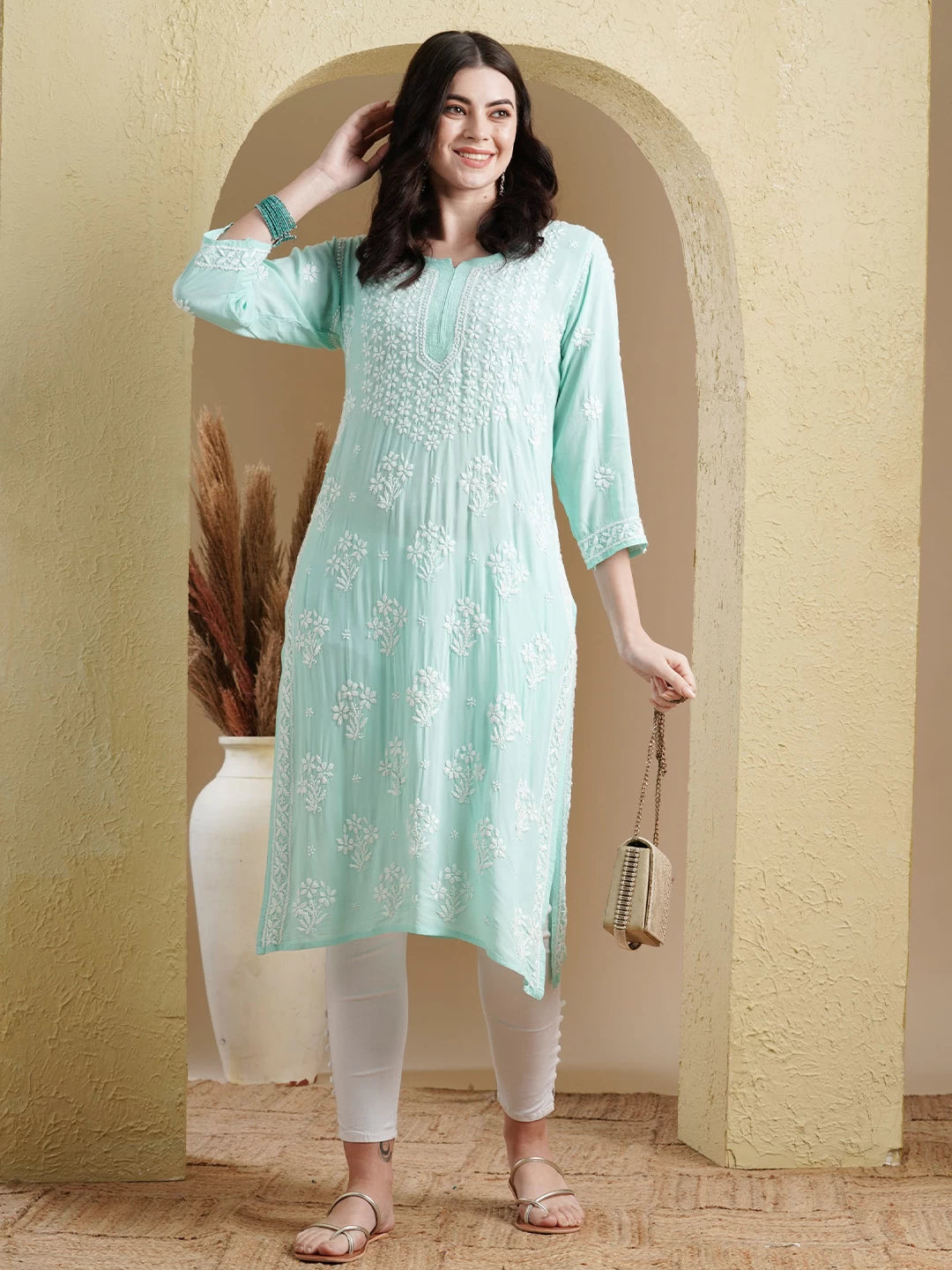 Ada Hand Embroidered Sea Green Modal Lucknowi Chikankari Straight Kurta A411551