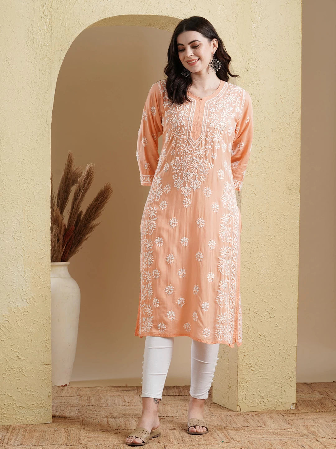 Ada Hand Embroidered Peach Modal Lucknowi Chikankari Straight Kurta A411556