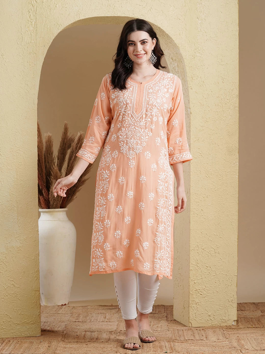 Ada Hand Embroidered Peach Modal Lucknowi Chikankari Straight Kurta A411556