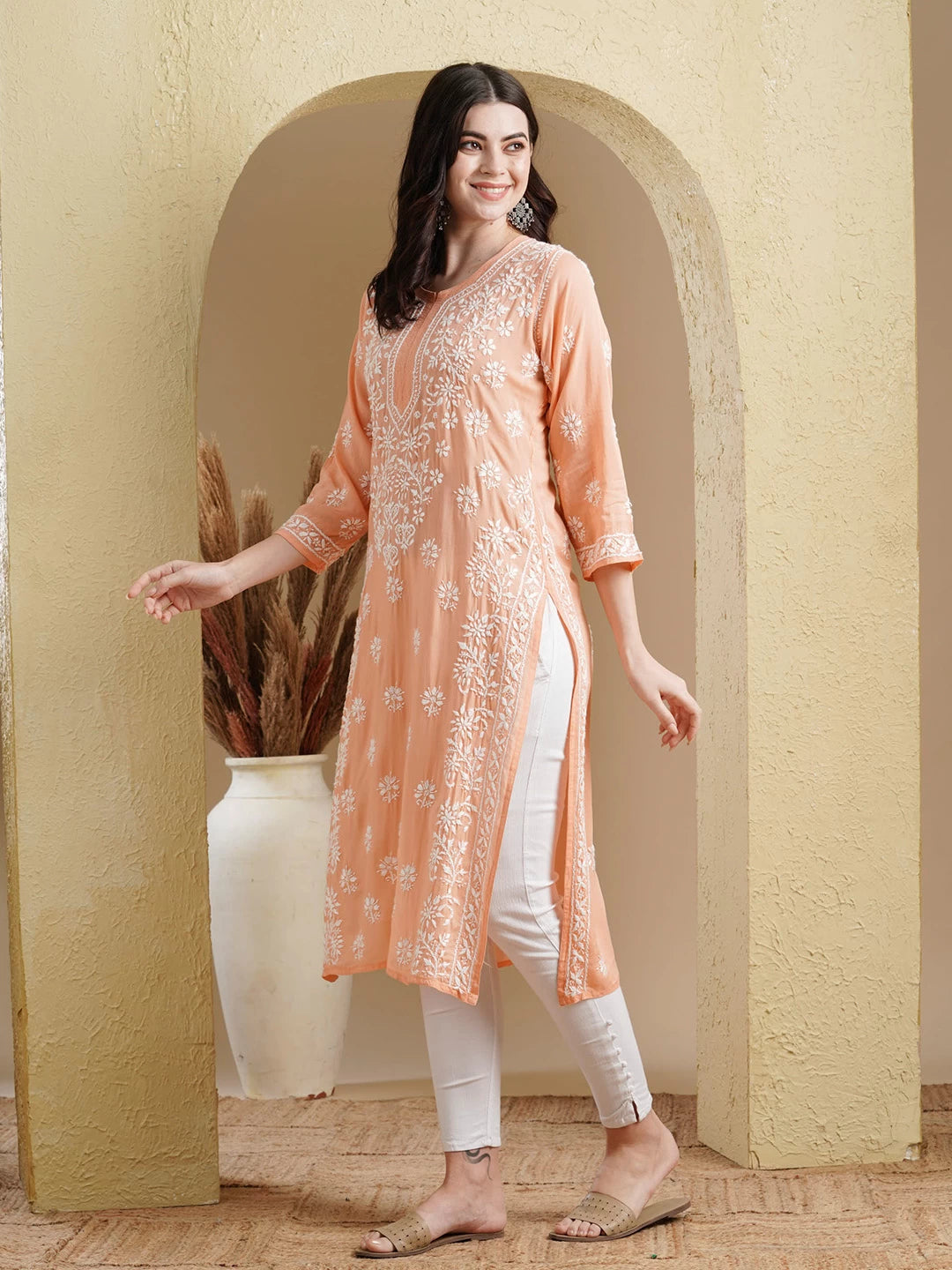 Ada Hand Embroidered Peach Modal Lucknowi Chikankari Straight Kurta A411556